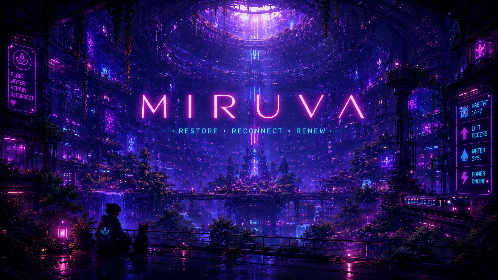A vast neon-lit arcology overgrown with plants, with the title Miruva and the words Restore, Reconnect, Renew.